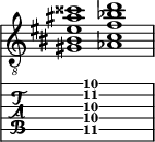  
<<
  %\override Score.BarLine.break-visibility = ##(#f #t #t)
  \time 2/1
    \new Staff  {
    \clef "treble_8"
        \once \override Staff.TimeSignature #'stencil = ##f
        < gis bis eis' ais' cisis''>1 | < aes c' f' bes' d''>1 |
    }

     \new TabStaff {
       \override Stem #'transparent = ##t
       \override Beam #'transparent = ##t 
      s2 < gis\5 c'\4 f'\3 ais'\2 d''\1>1 s2
  }
>>
