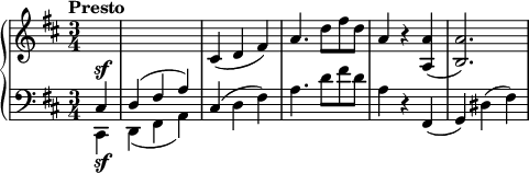 
 \relative c' {
  \new PianoStaff <<
   \new Staff { \key d \major \time 3/4 \partial 4\tempo "Presto"
    s1 cis4 (d fis) a4. d8 fis d a4 r <a a,> (<a b,>2.)
   }
   \new Dynamics {
    s4\sf}
   \new Staff="down" { \key d \major \time 3/4 \clef bass \partial 4 <<
     {cis,,4 d (fis a)}
     \\
     {cis,,4 d (fis a)} >>
     cis (d fis) a4. d8 fis d a4 r fis, (g) dis' (fis)
    }
   \new Dynamics {
    s4\sf}
  >>
 }
