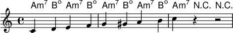 <<
\chords {a4:m7 b:dim a4:m7 b:dim a4:m7 b:dim a4:m7 b:dim a4:m7 r4 r2}
\relative c' {c4  d e f g gis a b c r4 r2}>>
