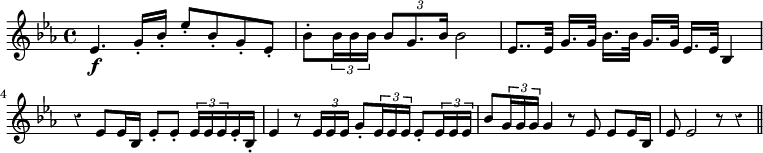 { \time 4/4 \override Score.Rest #'style = #'classical \key ees \major \relative e' { ees4.\f g16-. bes-. ees8-. bes-. g-. ees-. bes'-. \times 2/3 { bes16 bes bes } \times 2/3 { bes8 g8. bes16 } bes2 | ees,8..[ ees32] g16.[ g32] bes16.[ bes32] g16.[ g32] ees16.[ ees32] bes4 | r ees8 ees16 bes ees8-. ees-. \times 2/3 { ees16 ees ees } ees-. bes-. | ees4 r8 \times 2/3 { ees16 ees ees } g8-. \times 2/3 { ees16 ees ees } ees8-. \times 2/3 { ees16 ees ees } | bes'8 \times 2/3 { g16 g g } g4 r8 ees ees ees16 bes | ees8 ees2 r8 r4 \bar "||" } }