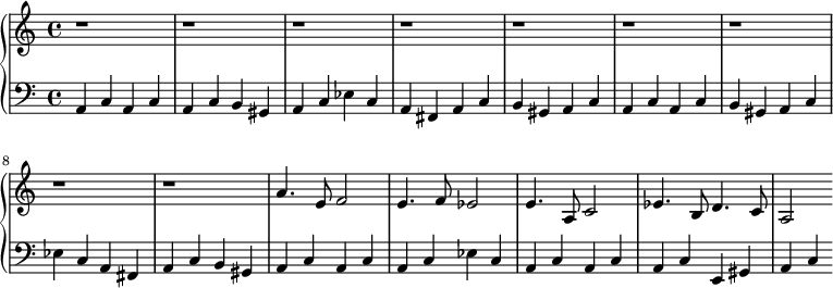 
<<
\relative c' {
  \new PianoStaff <<
    \new Staff { r1 r1 r1 r1 r1 r1 r1 r1 r1 a'4. e8 f2 e4. f8 ees2 e4. a,8 c2 ees4. b8 d4. c8 a2}
    \new Staff { \clef "bass"  a,4 c4 a4 c4 a4 c4 b4 gis4 a4 c4 ees4 c4 a4 fis4 a4 c4 b4 gis4 a4 c4 a4 c4 a4 c4 b4 gis4 a4 c4 ees4 c4 a4 fis4 a4 c4 b4 gis4 a4 c4 a4 c4 a4 c4 ees4 c4 a4 c4 a4 c4 a4 c4 e,4 gis4 a4 c4}
  >>
}  
>>
\midi {
    \context {
      \Score
      tempoWholesPerMinute = #(ly:make-moment 150 4)
    }
  }
