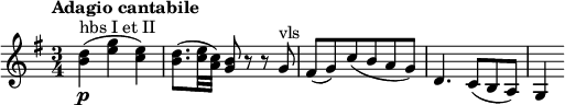 
\relative c'' {
    \version "2.18.2"
     \key g \major
     \time 3/4
     \tempo "Adagio cantabile"
     \tempo 4 = 40
  <b d> ^\markup{ hbs I et II } \p (<e g> < c e>)
  <b d>8. (<c e>32 <a c>) <g b>8 r  r g ^\markup{ vls } fis (g) c (b a g) d4. c8 (b a) g4
}
