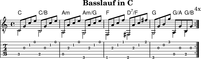 
\version "2.20.0"
\header {
  title="Basslauf in C"
  encoder="cc-by-sa Wikibooks (mjchael)"
}

myKey = {
  \tempo 4 = 120
  %Tempo ausblenden
  \set Score.tempoHideNote = ##t
  \time 4/4
  \key c \major
  \set Staff.midiInstrument = #"acoustic guitar (nylon)"
  %% verschmilzt unterschiedliche Notenköpfe
  \mergeDifferentlyHeadedOn
  \clef "G_8" 
}

myChords = \chordmode {
  c2 c:/b a:m a:m/g 
  f d:7/f g g4:/a g:/b
}

myDiskant = {
  c8  g c' e'  b, g c' e' | % 1
  a,8 a c' e'  g, a c' e' | % 2
  f,8 a c' f'  fis, a  c' fis' | % 3
  g,8  g b g'  a, g b, g  | % 4 Basis
  \mark "4x"
}

myBass = {
  c2  b, a, g, f, fis, g, a,4 b,
}
%% Layout
\score {
  <<
    \new ChordNames { \myChords }
    {
      %%Noten
      \new Staff  <<
        \myKey
        \repeat volta 4 \myDiskant
        \\
        %% beachte: Wiederholungszeichen ist für Midi notwendig!
        \repeat volta 4 \myBass
      >>
    }
    %% Tabulatur
    \new TabStaff {
      % \tabFullNotation 
      \repeat volta 4
      <<
        \myDiskant
        \\
        \myBass
      >>
    }
  >>
  \layout {}
}
%% Midiausgabe mit Wiederholungen, ohne Akkorde
\score {
  <<
    \unfoldRepeats {
      \new Staff  <<
        \myKey
        \repeat volta 4 \myDiskant
        \\
        \repeat volta 4 \myBass
      >>
      %% Schluss 
      c2
    }
  >>
  \midi {}
}
%% unterdrückt im raw="!"-Modus das DinA4-Format.
\paper {
  indent=0\mm
  % DinA4 0 210mm - 10mm Rand - 20mm Lochrand = 180mm
  line-width=180\mm
  oddFooterMarkup=##f
  oddHeaderMarkup=##f
  % bookTitleMarkup=##f
  scoreTitleMarkup=##f
}
