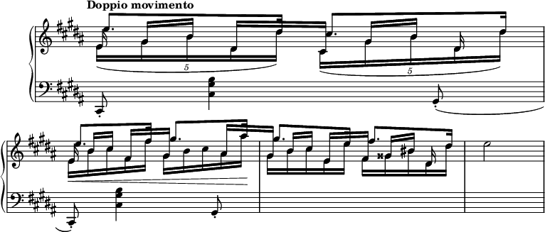 
\version "2.20.0"

\header {
  title = "IV"
  subtitle = "Op. 9"
  composer = "CHOPIN."
}
  \layout {
  indent = #10  
  }
  <<

    \new PianoStaff = "piano" \with { instrumentName = ""}    <<
      \new Staff = "upper" { \relative c'  {\tempo "Doppio movimento" \key b \major \autoBeamOff \set Staff.midiInstrument = #"piano"
         \time 2/4 \omit Staff.TimeSignature  \omit Score.BarNumber
% Ligne 1
<< { \shiftOnnn e'8.*80/75[ dis16*4/5]  \shiftOnnn cis8.*80/75 [ dis16*4/5] |\break
% Ligne 2    
     e8.*16/15[ fis16*4/5]   gis8.*16/15 [ ais16*4/5] 
      gis8.*16/15[ e16*4/5]  fis8.*16/15 [ dis16] } 
   
    
   
% Voix 3 Ligne 1   
   \\ { \tuplet 5/4 {\stemDown  e,(  gis b dis, dis')} 
        \tuplet 5/4 {\stemDown  cis,(  gis' b dis, dis')}
% Ligne 2    
    \omit TupletNumber \tuplet 5/4 {\stemDown  e,\<  b' cis fis, fis'} 
        \tuplet 5/4 {\stemDown  gis,  b cis ais ais'\!}
    \tuplet 5/4 {\stemDown  gis,  b cis e, e'} 
        \tuplet 5/4 {\stemDown  fis,  gisis bis dis, dis'}
   } 
% Voix 3 Ligne 1
   \\ { \omit TupletNumber \override TupletBracket.bracket-visibility = ##f 
        \tuplet 5/4 {e, gis[ b] dis,[ s} \tuplet 5/4 {cis] gis'[ b] dis, s  }
% Ligne 2 
        \tuplet 5/4 {e] b'[ cis] fis,[ s} \tuplet 5/4 {gis] s s ais[ s } 
        \tuplet 5/4 {gis] b[ cis] e,[ s} \tuplet 5/4 {fis] gisis[ bis] dis, }
} >>

e'2*15/16


     

} }
      \new Staff = "lower" {
        
        \relative c  {\clef "bass" \key b \major \set Staff.midiInstrument = #"piano" 
                      \omit Staff.TimeSignature
% Ligne 1
cis,8-. <cis' gis' b>4 gis8-.( cis,-.) <cis' gis' b>4 gis8-. s2 s2
% Ligne 2    

% Ligne 3  
  
}
}
>>
>>
