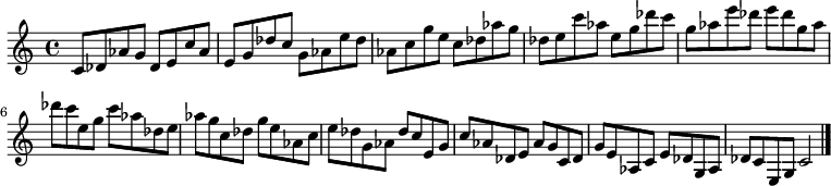 
{

\modalTranspose c c' { c des e g aes } { c8 des aes g } 
\modalTranspose c des' { c des e g aes } { c des aes g } 
\modalTranspose c e' { c des e g aes } { c des aes g } 
\modalTranspose c g' { c des e g aes } { c des aes g } 
\modalTranspose c aes' { c des e g aes } { c des aes g } 
\modalTranspose c c'' { c des e g aes } { c des aes g } 
\modalTranspose c des'' { c des e g aes } { c des aes g } 
\modalTranspose c e'' { c des e g aes } { c des aes g } 
\modalTranspose c g'' { c des e g aes } { c des aes g } 

\modalInversion c e''' { c des e g aes } { c des aes g } 
\modalInversion c des''' { c des e g aes } { c des aes g } 
\modalInversion c c''' { c des e g aes } { c des aes g } 
\modalInversion c aes'' { c des e g aes } { c des aes g } 
\modalInversion c g'' { c des e g aes } { c des aes g } 
\modalInversion c e'' { c des e g aes } { c des aes g } 
\modalInversion c des'' { c des e g aes } { c des aes g } 
\modalInversion c c'' { c des e g aes } { c des aes g } 
\modalInversion c aes' { c des e g aes } { c des aes g } 
\modalInversion c g' { c des e g aes } { c des aes g } 
\modalInversion c e' { c des e g aes } { c des aes g } 
\modalInversion c des' { c des e g aes } { c des aes g } 

c'2

\bar "|."
}
