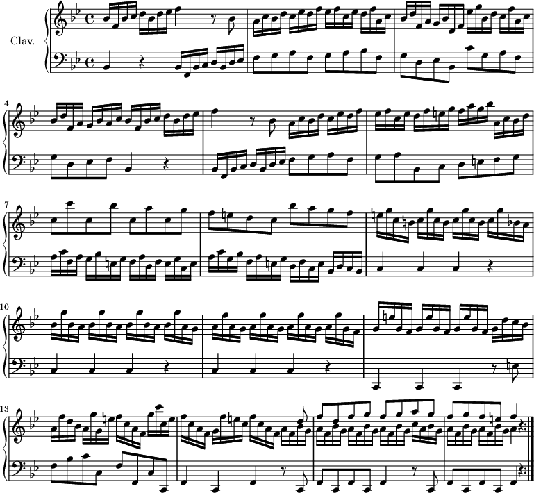 
\version "2.18.2"
\header {
  tagline = ##f
  % composer = "Domenico Scarlatti"
  % opus = "K. 70"
  % meter = ""
}

%% les petites notes
%trillBesp     = { \tag #'print { bes4.\prall } \tag #'midi { c32 bes c bes~ bes4 } }

upper = \relative c'' {
  \clef treble 
  \key bes \major
  \time 4/4
  \tempo 4 = 102
  \set Staff.midiInstrument = #"harpsichord"
  \override TupletBracket.bracket-visibility = ##f

  \repeat volta 2 {
      %s8*0^\markup{Allegro}
      bes16 f bes c d bes d ees f4 r8 bes,8 | a16 c bes d c ees d f ees f c ees d f a, c |
      % ms. 3
      bes16 d f, a g bes d, f ees' g bes, d c f a, c | bes d f, a g bes a c bes f bes c d bes d ees | f4 r8 bes,8 a16 c bes d c ees d f | 
      % ms. 6
      ees16 f c ees d f e g f a g bes| a, c bes d | c8 c' c, bes' c, a' c, g' | f e d c bes' a g f |
      % ms. 9
      e16 g c, b \repeat unfold 2 { c g' c, b } c g' bes, a | \repeat unfold 3 { bes g' bes, a } bes g' a, g | \repeat unfold 3 { a f' a, g } a f' g, f 
      % ms. 12
      \repeat unfold 3 { g16 e' g, f } g16 d' c bes | a f' d bes a g' g, e' f c a f g' c c, e | f c a f g f' e c f c a f 
      % ms. 14 suite
      << { s8 d'8 | f d f g f g a g | f g f e f4 b,4\rest } \\ { \repeat unfold 4 { a16 f bes g } c a bes g \repeat unfold 2 { a16 f bes g } a4 } >> }%repet

}

lower = \relative c' {
  \clef bass
  \key bes \major
  \time 4/4
  \set Staff.midiInstrument = #"harpsichord"
  \override TupletBracket.bracket-visibility = ##f

  \repeat volta 2 {
    % ************************************** \appoggiatura a16  \repeat unfold 2 {  } \times 2/3 { }   \omit TupletNumber 
      bes,4 r4 bes16 f bes c d bes d ees | f8  g a f g a bes f |
      % ms. 3
      g8 d ees bes c' g a f | g d ees f bes,4 r4 | bes16 f bes c d bes d ees f8  g a f |
      % ms. 6
      g8 a bes, c d e f g  | a16 c f, a g bes e, g f a d, f e g c, e | a c g bes f a e g d f c e bes d c bes |
      % ms. 9
      \repeat unfold 3 { c4 c c r4 } | c,4 c c r8 e'8 | f bes c c, f f, c' c, | f4 c f r8 c8 |
      % ms. 12
      f8 c f c f4 r8 c8 | f c f c f4 r4 }%repet
      % ms. 15
      

}

thePianoStaff = \new PianoStaff <<
    \set PianoStaff.instrumentName = #"Clav."
    \new Staff = "upper" \upper
    \new Staff = "lower" \lower
  >>

\score {
  \keepWithTag #'print \thePianoStaff
  \layout {
      #(layout-set-staff-size 17)
    \context {
      \Score
     \override SpacingSpanner.common-shortest-duration = #(ly:make-moment 1/2)
      \remove "Metronome_mark_engraver"
    }
  }
}

\score {
  \unfoldRepeats 
  \keepWithTag #'midi \thePianoStaff
  \midi { }
}
