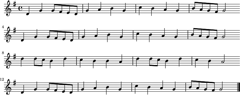 
\new Staff <<
\clef treble \key g \major {
      \time 4/4 \partial 1    
      \relative g' {
        d4 g g8 fis e d | g4 a b g | c4 b a g | b8 a g fis g2 \bar"" \break
        d4 g g8 fis e d | g4 a b g | c4 b a g | b8 a g fis g2 \bar"" \break
        d'4 d8 c b4 d | c4 b b a | d4 d8 c b4 d | c4 b a2 \bar"" \break
	d,4 g g8 fis e d | g4 a b g | c4 b a g | b8 a g fis g2 \bar"|."
      }
    }
%\new Lyrics \lyricmode {
%}
>>
\layout { indent = #0 }
\midi { \tempo 4 = 86 }
