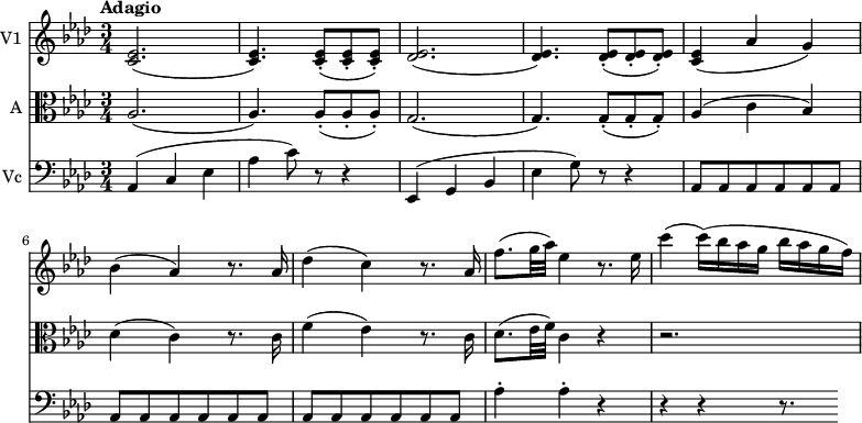 
<< \new Staff \with { instrumentName = #"V1 "}  
     \relative c' {
    \version "2.18.2"
    \key aes \major 
    \tempo "Adagio"
    \time 3/4
    \tempo 4 = 70
  <c ees>2. (<c ees>4.) <c-. ees>8 ( <c-. ees>  <c-. ees>)
  <des ees>2. (<des ees>4.) <des-. ees>8 ( <des-. ees>  <des-. ees>)
  <c ees>4 (aes' g)
  bes4 (aes) r8. aes16
  des4 (c)r8. aes16
  f'8. (g32 aes) ees4 r8. ees16
  c'4 (c16) (bes aes g bes aes g f)
}
\new Staff \with { instrumentName = #"A "} \relative c' {
    \key aes \major 
    \clef "alto"
    aes2. (aes4.) aes8-. (aes-. aes-.)
    g2. (g4.) g8-. ([g-. g-.])
    aes4 (c bes)
    des (c) r8. c16
    f4 (ees) r8. c16
    des8. (ees32 f) c4 r r2.
 }
 \new Staff \with { instrumentName = #"Vc "} \relative c' {
    \key aes \major 
    \clef "bass"
    aes,4 (c  ees aes c8) r8 r4
    ees,,4 (g  bes ees g8) r8 r4
    aes,8 \repeat unfold  17 {aes}
    aes'4-. aes-. r r r r8.
 } 
>>
