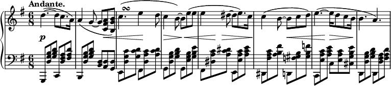 
\relative c'' {
  \new PianoStaff <<
   \new Staff { \key g \major \time 6/8 \set Score.tempoHideNote = ##t \tempo "Andante." 8=112
    \override TextScript #'avoid-slur = #'inside
    \override TextScript #'outside-staff-priority = ##f
    \override Score.NonMusicalPaperColumn #'line-break-permission = ##f
    d4.~( d8 c8. a16) a4( g8~ g <a fis c> <b g b,>)
    c4.( ^\markup    
           \override #'(baseline-skip . 1) {
           \halign #-2
           \musicglyph #"scripts.turn"
         } e4 d8 c4 b8~) b e( e e4 dis8~ dis e8.) c16
    c4( b8~ b c d) e4.~( e16 d8 c b16 b4. a)
   }
   \new Dynamics {
    s4.\p s s2 s4\< s4. s4\! s8 s4\> s8 s\< s4
    s8 s\! s\> s s8. s16\! s4 s8 s\< s4 s8 s\! s s4.\> s\! s
   }
   \new Staff { \key g \major \time 6/8 \clef bass
    g,,,8 <b'' g d> <d b g> c,, <a'' fis d> <d a fis>
    b,, <b'' g d> <d b g> <d, b> <d a> <d g,>
    e, <c'' g d> <d c g> fis,, <c'' a d,> <d c a>
    g,, <b' g d> <d b g> g,, <b' g e> <e b g>
    fis,, <c'' a dis,> <dis c a> e,, <c'' a e> <e c a>
    dis,, <c'' a fis> <fis b, a> d,, <b'' gis f> <f' b, gis>
    c,, <c'' a e> <e c a> c, <c' a e> <e b g cis,>
    d,, <b'' g d> <d b g> d,, <a'' fis d> <d a fis>
   }
  >>
 }
