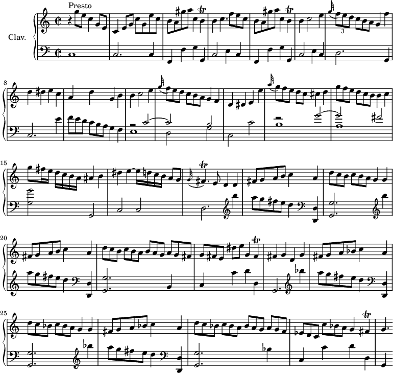 
\version "2.18.2"
\header {
  tagline = ##f
  % composer = "Domenico Scarlatti"
  % opus = "K. 49"
  % meter = "Presto"
}

%% les petites notes
trillB         = { \tag #'print { b4\trill } \tag #'midi { c32 b c b~ b8 } }
trillFispq     = { \tag #'print { \appoggiatura g32 fis4.\trill } \tag #'midi { g32 fis g fis~ fis4 } }
trillFis       = { \tag #'print { fis4\trill } \tag #'midi { g32 fis g fis~ fis8 } }

upper = \relative c'' {
  \clef treble 
  \key c \major
  \time 2/2
  \tempo 2 = 94
  \set Staff.midiInstrument = #"harpsichord"
  \override TupletBracket.bracket-visibility = ##f

      s8*0^\markup{Presto}
      r4 g'8 e c4 g8 e | c4 e8 g c g e' c | b a gis' a  c,4 \trillB | b4 c4. f8 e c |
      % ms. 5
      b8 a gis' a c,4 \trillB | b4 c2 e4 | \appoggiatura g32 \times 2/3 { f8 e d } \omit TupletNumber \times 2/3 { c8[ b a] } g4 f' | d dis e c | a d g, b |
      % ms. 10
      b4 c2 e4 | \appoggiatura g32 \times 2/3 { f8 e d }  \times 2/3 { c8[ b a] } g4 f | d dis e e' | \appoggiatura a32 \times 2/3 { g8 f e } d8[ c] cis4 d | \times 2/3 { g8 f e }  \times 2/3 { d8[ c b] } b4 c |
      % ms. 15
      g'8 fis16 e d[ c b a] ais4 b | dis e4~ e16 d c b a8[ g] | \trillFispq e8 d4 d4 | fis8 g a b c4 a |
      % ms. 19
      \times 2/3 { d8 c b }  \times 2/3 { c8[ b a] } g4 g | fis8 g a b c4 a | \times 2/3 { d8 c b }  \times 2/3 { c8[ b a] } \times 2/3 { b8 a g } \times 2/3 { a8[ g fis] } | \times 2/3 { g8[ fis e] } dis'8 e g,4 \trillFis |
      % ms. 23
      fis4 g d g | fis8 g a bes c4 a | \times 2/3 { d8 c bes }  \times 2/3 { c8[ bes a] } g4 g | fis8 g a bes c4 a | \times 2/3 { d8 c bes }  \times 2/3 { c8[ bes a] } \times 2/3 { bes8 a g }  \times 2/3 { a8[ g f] }
      % ms. 28
      \times 2/3 { ees8 d c }  \times 2/3 { c'8[ bes a] } g4 \trillFis | g4.*1/2 s16
      % ms. 32
      

}

lower = \relative c' {
  \clef bass
  \key c \major
  \time 2/2
  \set Staff.midiInstrument = #"harpsichord"
  \override TupletBracket.bracket-visibility = ##f

    % ************************************** \appoggiatura a16  \repeat unfold 2 {  } \times 2/3 { }   \omit TupletNumber 
      c,1 | c2. c4 | \repeat unfold 2 { f, f' g g, | c2 e4 c } |
      % ms. 7
      d2. g,4 | c2. e'4 |  \omit TupletNumber \times 2/3 { f8 e d }  \times 2/3 { c8[ b a] } g4 f |
      % ms. 10
      << { r2 c'2~ | c b | s1 | r2 g'2~ | g fis } \\ { e,1 | d2 g | c, c' | b1 | a } >>
      % ms. 15
      < g g' >2 g, | c c | d2.  \repeat unfold 2 { \clef treble  b'''4 | a8 g fis e d4   \clef bass < d,,, d' >4 
      % ms. 19
      < g g' >2. } b4 | c c' d d, |
      % ms. 23
      g,2. \repeat unfold 2 { \clef treble  bes'''4 | a8 g fis e d4 | \clef bass < d,,, d' >4 |< g g' >2. } bes'4 |
      % ms. 28
      c,4 c' d d, | g,
      % ms. 32
      

}

thePianoStaff = \new PianoStaff <<
    \set PianoStaff.instrumentName = #"Clav."
    \new Staff = "upper" \upper
    \new Staff = "lower" \lower
  >>

\score {
  \keepWithTag #'print \thePianoStaff
  \layout {
      #(layout-set-staff-size 17)
    \context {
      \Score
     \override SpacingSpanner.common-shortest-duration = #(ly:make-moment 1/2)
      \remove "Metronome_mark_engraver"
    }
  }
}

\score {
  \keepWithTag #'midi \thePianoStaff
  \midi { }
}
