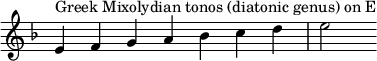  {
\key e \locrian
\override Score.TimeSignature #'stencil = ##f
\relative c' { 
  \clef treble \time 7/4
  e4^\markup { Greek Mixolydian tonos (diatonic genus) on E } f g a bes c d e2
} }
