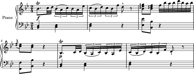 
\version "2.18.2"
\header {
  tagline = ##f
}
upper = \relative c' {
  \clef treble 
  \key bes \major
  \time 2/4
  \tempo "Allegro"
  \tempo 4 = 70

   bes'8. \trill \f c32 d \tuplet 3/2 {bes16 (a c )} \tuplet 3/2 { bes16 a ees')}
   \tuplet 3/2 {c16 (bes d )} \tuplet 3/2 { c16 bes f')} d8-! r
   <bes ees g> \arpeggio <bes d f> \arpeggio f'32 bes a bes d bes a bes
    \grace <d, f>16 (<c ees>8) <bes d> r4
    bes,8.  \trill \p c32 d \tuplet 3/2 {bes16 (a c )} \tuplet 3/2 { bes16 a ees')}
   \tuplet 3/2 {c16 (bes d )} \tuplet 3/2 { c16 bes f')} d8-! r
}

lower = \relative c {
  \clef bass
  \key bes \major
  \time 2/4
  <bes d>4 <c ees> <d f> r 
  <ees ees'>8 <bes bes'> r4
  <f f'>8 <bes bes'> r4
  <bes d>4 <c ees> <d f> r
} 

\score {
  \new PianoStaff <<
    \set PianoStaff.instrumentName = #"Piano"
    \new Staff = "upper" \upper
    \new Staff = "lower" \lower
  >>
  \layout {
    \context {
      \Score
      \remove "Metronome_mark_engraver"
    }
  }
  \midi { }
}
