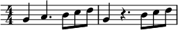 
\relative c'' { \override Score.Clef #'stencil = ##f \time 4/4 \numericTimeSignature g4 a4. b8[ c d ] | g,4 r4. b8[ c d ] }
