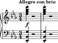 \n{\n\\new PianoStaff <<\n\\new Staff << \\relative c'' {\n\\clef treble\n\\key ees \\major\n\\time 3/4\n\\tempo "Allegro con brio" \\tempo 2 = 80\n<ees g bes ees>4-.(_\\f r2 q4-. r2 \\bar "" } >>\n\\new Staff << \\relative c {\n\\clef bass\n\\key ees \\major\n\\time 3/4\n<ees, bes' g'>4-. r2 q4-. r2 \\bar "" } >>\n>>\n}\n