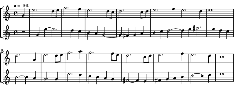 
\new StaffGroup <<

\new Staff {
\relative c' {
\tempo 4 = 160
\time 4/4
\partial 4 g'4 e'2. d8 e8
g2. f4 e2. d8 c8
d2. c8 d8 e2. f4
e2. d4 e1
d2. g,4 e'2. d8 e8
g2. a4 g2. f8 e8
d2. c8 d8 e2. f4
e2. d4 c1
}
}


\new Staff {
\relative c' {
\tempo 4 = 160
\clef violin
\time 4/4
r2 g'4 e'~ e2.
d4 c b a g2~ g4 fis
g a b c d2~ d4 e
fis2. e4 d c b2 ~ b4 a
g2. g4 e'2. d4
c b a g fis2 ~ fis4 e
fis g a b c2 ~ c4 d
e1
}
}

>>
\layout{}

\midi{}

