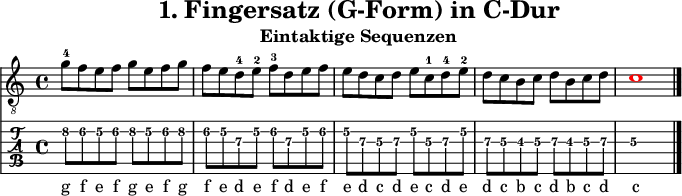 
\version "2.20.0"
\header {
  title="1. Fingersatz (G-Form) in C-Dur"
  subtitle="Eintaktige Sequenzen"
}
%% Diskant- bzw. Melodiesaiten
Diskant = \relative c'' {
  \set TabStaff.minimumFret = #4
  \set TabStaff.restrainOpenStrings = ##t
  \key c \major
  g8-4 f e f g e f g
  f e d-4 e-2 f-3 d e f
  e d c d e c-1 d-4 e-2
  d c b c d b c d
  \once \override NoteHead #'color = #red c1
  \bar "|."
 }

%% Layout- bzw. Bildausgabe
\score {
  <<
    \new Voice  { 
      \clef "treble_8" 
      \time 4/4  
      \tempo 4 = 120 
      \set Score.tempoHideNote = ##t
      \Diskant \addlyrics {
        g8 f e f g e f g
        f e d e f d e f
        e d c d e c d e
        d c b c d b c d
        c
      }
    }
    \new TabStaff { \tabFullNotation \Diskant }
  >>
  \layout {}
}

%% Midiausgabe mit Wiederholungen, ohne Akkorde
\score {
  <<
    \unfoldRepeats {
      \new Staff  <<
        \tempo 4 = 120
        \time 4/4
        \set Staff.midiInstrument = #"acoustic guitar (nylon)"
        \clef "G_8"
        \Diskant
      >>
    }
  >>
  \midi {}
}
%% unterdrückt im raw="!"-Modus das DinA4-Format.
\paper {
  indent=0\mm
  %% DinA4 = 210mm - 10mm Rand - 20mm Lochrand = 180mm
  line-width=180\mm
  oddFooterMarkup=##f
  oddHeaderMarkup=##f
  % bookTitleMarkup=##f
  scoreTitleMarkup=##f
}
