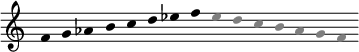 
{  
  \cadenzaOn 
  \omit Stem
  \once \override Staff.TimeSignature #'stencil = ##f
  
  f'4 g' aes' b' c'' d'' ees'' f''
  \override Voice.NoteHead.color = #(x11-color 'grey50)
  ees'' d'' c'' b' aes'  g' f'
}
