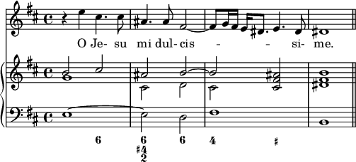 
\version "2.14.2"
\header {
  tagline = ##f
        }
melody = \relative c'' {
  \clef treble
  \key b \minor
  \time 4/4
  \tempo 2 = 54

  r4 e cis4. cis8 ais4. ais8 fis2 ~ fis8 g16 fis e dis8. e4. dis8 dis1 \bar "||"
}

text = \lyricmode {
  O Je- su mi dul- cis -- _ _ _ _ _ si- me.
}

upper = \relative c'' {
  \clef treble
  \key b \minor

       <<
         {
           \voiceOne
           b2 cis ais b ~ b <cis, fis ais> <dis fis b>1
         }
         \new Voice {
           \voiceTwo
           g1 cis,2 d cis
         }
       >>

}

lower = \relative c {
  \clef bass
  \key b \minor

  e1 ~ e2 d fis1 b,
}

\score {
  <<
    \new Voice = "mel" { \melody }
    \new Lyrics \lyricsto mel \text
    \new PianoStaff <<
      \new Staff = "upper" \upper
      \new Staff = "lower" \lower
    \new FiguredBass {
    \figuremode { s2 <6> <6 4+ 2> <6> <4> <_+> }
    }
  >>
  >>
  \layout {
    \context {
      \Score
      \remove "Metronome_mark_engraver" }
     }

  \midi { }
}
