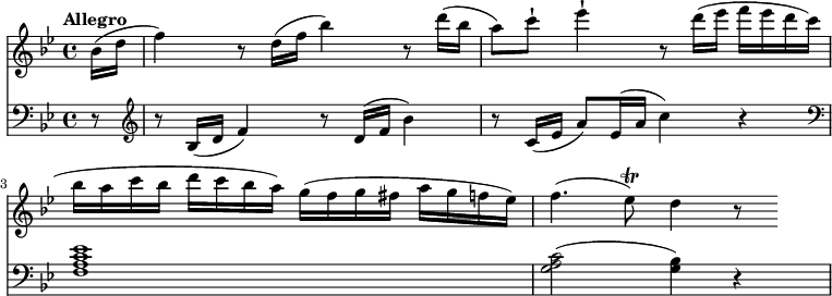 
<<
  \new Staff  \relative c'' {
         \version "2.18.2"
         \clef "treble" 
         \tempo "Allegro"
         \key bes \major
         \time 4/4 
         \tempo 4 = 150
      \partial 8 
      bes16 (d f4)
      r8 d16 (f bes4) r8 d16 (bes a8) c-! ees4-! r8
      d16 (ees f ees d c bes a c bes d c bes a) g (f g fis a g f ees)
      f4. (ees8 \trill) d4 r8
}
 \new Staff \relative c {      
         \clef "bass" 
         \key bes \major
         \time 4/4 
        \partial 8 r8
         \clef "treble" r8 bes'16 (d f4)
         r8 d16 (f bes4)
         r8 c,16 (ees a8) ees16 (a c4) r
         \clef "bass" <f,, a c ees>1
         <g a c>2 (<g bes>4) r4
} 
>>
