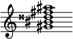 {
  % Rivin lopun pystyviiva ja tahtiosoitus piiloon.
  \override Score.BarLine.break-visibility = ##(#f #t #t)
  \override Staff.TimeSignature #'stencil = ##f
  
  <gis' bis' disis'' fis'' ais''>1
}
