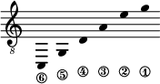 
\new Staff \with {\remove "Time_signature_engraver"}
{\clef "treble_8" \time 2/1 \hide Stem \stemUp
c,_\6 \override Score.StringNumber.padding = #2
g,_\5 \override Score.StringNumber.padding = #3.5
d_\4 \override Score.StringNumber.padding = #4.5
a_\3 e'_\2 g'_\1 }
