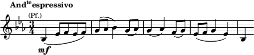 \new Staff \relative c'{\key es \major \time 3/4 \set Score.tempoHideNote = ##t \tempo "" 4=112 bes4\mf^\markup{\column {\line {\center-align \bold \concat{And \super te espressivo}} \line {\smaller \right-align (Pf.)}}}(es8 f es f) g( as bes4) g8( as) g4( as) f8( g) es( f g4 es) bes} 