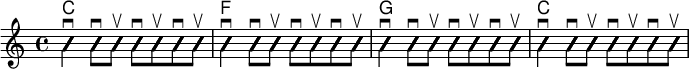 
<<
  \new ChordNames {
  \chordmode {
  c1 f g c
  }
  }

 \new Voice \with {
  \consists "Pitch_squash_engraver"
  }{
  \set Staff.midiInstrument = "acoustic guitar (nylon)"
  \improvisationOn
  \override NoteHead.X-offset = 0

  <c e g>4 \downbow 
  <g c' e'>8 \downbow 
  <g c' e'>8 \upbow
  <c e g>8 \downbow 
  <c e g>8 \upbow
  <g c' e'>8 \downbow 
  <g c' e'>8 \upbow
  
  <f a c'>4 \downbow 
  <a c' f'>8 \downbow 
  <a c' f'>8 \upbow
  <f a c'>8 \downbow 
  <f a c'>8 \upbow
  <a c' f'>8 \downbow 
  <a c' f'>8 \upbow

  <g, b, d>4 \downbow
  <g b g'>8 \downbow 
  <g b g'>8 \upbow 
  <g, b, d>8 \downbow 
  <g, b, d>8 \upbow
  <g b g'>8 \downbow 
  <g b g'>8 \upbow

  <c e g>4 \downbow 
  <g c' e'>8 \downbow 
  <g c' e'>8 \upbow
  <c e g>8 \downbow 
  <c e g>8 \upbow
  <g c' e'>8 \downbow 
  <g c' e'>8 \upbow
  }
>>
