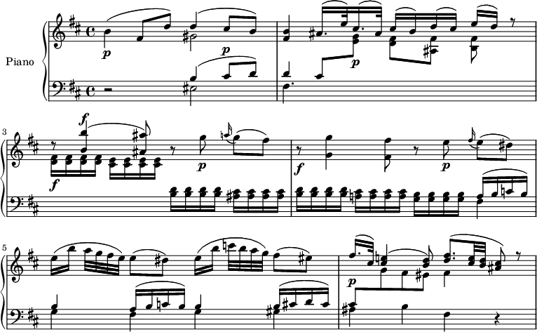 
\version "2.14.2"
\header {
  tagline = ##f
}
upper = \relative c'' {
  \clef treble 
  \key b \minor
  \time 4/4
  \tempo 4 = 44
  \tempo "Adagio"
  %\autoBeamOff

   b4(\p fis8 d') 
   << { d4( cis8 b) } \\ { gis2 } >>
   << { < b fis >4 \stemUp ais16.^( e'32) cis16.^( ais32) cis16^( b) d^( cis) e^( d) r8 } 
   \\ 
      { \change Staff = "lower" \stemUp d,4) cis8  \change Staff = "upper" \stemDown < g' e >8]\p % voix du dessous
   \stemDown < fis d >[  < fis ais, >] < fis b, >  } 
   >>
   \stemUp r8 < b' b, >4^\f^( < ais ais, >8) r8
   \stemDown g8\p \grace a16( g8)[^( fis)] 
   r8\f <g g, >4 < fis fis, >8 r8 \stemDown e8\p \grace fis16(e8)[^( dis)]
   e16([ b'] a32 g fis e) e8( dis) e16([ b'] c!32 b a g) fis8( eis) 
   << { fis16.\p( cis32) < e! cis >4( < d b >8) < fis d >8.^( < e cis >32 < d b > < cis ais >8) r8 } 
   \\ 
      { \change Staff = "lower" \stemUp cis,8 \change Staff = "upper" \stemDown g'8 fis eis fis4 } % voix du dessous
   >>
   
}

lower = \relative c {
  \clef bass
  \key b \minor
  \time 4/4
    
   r2 << { b'4( cis8^\p d) } \\ { eis,2 } >>
   fis4. 
   s2 s8 % la voix est au dessus
   \change Staff = "upper" \stemDown
   < fis' d >16\f \repeat unfold 3 { < fis d >16 }
   \repeat unfold 4 { < e cis >16 }
   \change Staff = "lower"
   \repeat unfold 4 { < d b >16 }
   \repeat unfold 4 { < cis ais >16 }
   \repeat unfold 4 { < d b >16 }
   < cis a! >16 \repeat unfold 3 { < cis a >16 }
   \repeat unfold 4 { < b g >16 }
   \repeat unfold 2 { << { a16^( b c b) b4 } \\ { fis4 g } >> }
   << { b16^( cis d cis) } \\ { gis4 } >>
   ais4 b fis r4
   
} 

\score {
  \new PianoStaff <<
    \set PianoStaff.instrumentName = #"Piano"
    \new Staff = "upper" \upper
    \new Staff = "lower" \lower
  >>
  \layout {
    \context {
      \Score
      \remove "Metronome_mark_engraver"
    }
  }
  \midi { }
}
