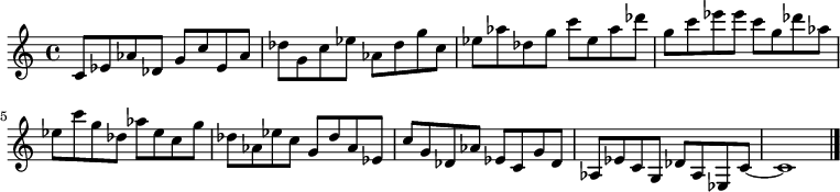 
{

\modalTranspose c c' { c des ees g aes } { c8 ees aes } 
\modalTranspose c des' { c des ees g aes } { c ees aes } 
\modalTranspose c ees' { c des ees g aes } { c ees aes } 
\modalTranspose c g' { c des ees g aes } { c ees aes } 
\modalTranspose c aes' { c des ees g aes } { c ees aes } 
\modalTranspose c c'' { c des ees g aes } { c ees aes } 
\modalTranspose c des'' { c des ees g aes } { c ees aes } 
\modalTranspose c ees'' { c des ees g aes } { c ees aes } 
\modalTranspose c g'' { c des ees g aes } { c ees aes } 

\modalInversion c ees''' { c des ees g aes } { c ees aes } 
\modalInversion c des''' { c des ees g aes } { c ees aes } 
\modalInversion c c''' { c des ees g aes } { c ees aes } 
\modalInversion c aes'' { c des ees g aes } { c ees aes } 
\modalInversion c g'' { c des ees g aes } { c ees aes } 
\modalInversion c ees'' { c des ees g aes } { c ees aes } 
\modalInversion c des'' { c des ees g aes } { c ees aes } 
\modalInversion c c'' { c des ees g aes } { c ees aes } 
\modalInversion c aes' { c des ees g aes } { c ees aes } 
\modalInversion c g' { c des ees g aes } { c ees aes } 
\modalInversion c ees' { c des ees g aes } { c ees aes } 
\modalInversion c des' { c des ees g aes } { c ees aes } 

c'8~ c'1

\bar "|."
}
