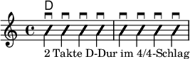 
<<
  \new ChordNames {
  \chordmode {
  d2 
  }
  }

 \new Voice \with {
  \consists "Pitch_squash_engraver"
  }{
  \set Staff.midiInstrument = "acoustic guitar (nylon)"
  \improvisationOn
  \override NoteHead.X-offset = 0
  <a d a>4 \downbow _"2 Takte D-Dur im 4/4-Schlag"
  <a d' fis'> \downbow 
  <a d a>4 \downbow 
  <a d' fis'> \downbow 
  <a d a>4 \downbow 
  <a d' fis'> \downbow 
  <a d a>4 \downbow 
  <a d' fis'> \downbow 
  }
>>
