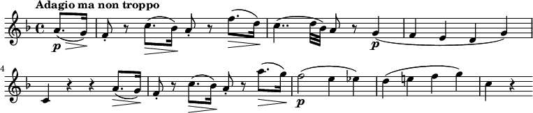 
\version "2.18.2"
\relative c'' {
  \key f \major
  \time 4/4
  \tempo "Adagio ma non troppo "
  \tempo 4 = 80
  \partial 4 a8.\p \> (g16)\!
  f8-. r c'8.\> (bes16)\! a8-. r f'8.\> (d16)\!
  c4.. (d32 bes) a8 r g4\p
  (f e d g)
  c, r r a'8.\> (g16)\!
  f8-. r c'8.\> (bes16)\! a8-. r a'8.\> (g16)\!
  f2\p (e4 ees)
  d (e! f g)
  c, r
}
