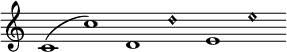 \relative c' { \override Score.TimeSignature #'stencil = ##f \time 7/1 c1( c') d, \once \override NoteHead.style = #'harmonic d' e, \override NoteHead.style = #'harmonic e' }