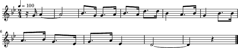 
\relative {
    \set Staff.midiInstrument = #"piano"
	\key bes \major
	\time 2/4
	\tempo 4 = 100
    \partial 4.
    \new Voice \relative c' {
	r16 g'16 a4~ a2 bes8. g16 g8. a16 bes8. a16 d8. d16 bes4 a8. bes16 g4 bes8. bes16 \bar "|" \break
    a8. bes16 g8. ees16 g8. a16 ees4 d2~ d4 r4 \bar "|."
    }
}
