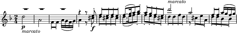 {{ \key d \minor \time 2/4
<<
  \relative a''{
    \voiceOne  \override MultiMeasureRest.staff-position = #8 R2 * 3 | r4 a8\rest e8-. |
    f8-.[ e-. f-. e-.] | f8.[ ( g16 a8) bes-.] | a8-.[ g-. f-. e-.] |
    d'2 ^\markup { \italic "marcato" } | a | f8-. f-. a16( g f g)
  }
  \new Voice \relative d '' {
    \voiceTwo
    d2 \p _\markup { \italic "marcato" } | a2 | f8-. f-. a16( g f g) | a4 r8 cis8-. \f |
    d8-. [ cis-. d-. cis-.]  | d8.([ e16 f8 ) g-.] | f8-.[ e-. d-. cis-.] |
    d8-.[ d-. f-. d-.] | r8 cis-.[ e a,-.] | d8-.[ d-. bes-. bes-.]
  }
>> }}