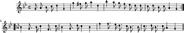 
music = {
    \language "english"
    {
        { \new PianoStaff <<
            { \new Staff <<
                \set Staff.midiInstrument = "violin"
                \relative c'' {
                    \autoBeamOff
                    \set Score.tempoHideNote = ##t \tempo 8 = 260
                    \clef "petrucci-b1"
                    \override Staff.TimeSignature.style = #'neomensural
                    \override NoteHead.style = #'petrucci 
                    \key g \minor
                    \time 2/2
                    
                    \repeat volta 2 {
                        g8 a bf c d4 g,4 |
                        g' fs8 g a4 d, |
                        bf' a8 g f ef d d |
                        c d bf c a4 g |
                    }
                    \repeat volta 2 {
                        \grace{a8} bf4 g8. bf16 c4 f,8. c'16 |
                        bf4 g8. d'16 c4 bf4 |
                        f'4 f8. ef16 d8. c16 bf8. bf16 |
                        c8. d16 bf8. c16 a4 g \bar "||"
                    }
                }
            >> }
        >> }
    }
}
\header {
    tagline = "" % no footer
}
\score {
  \music
  \layout { }
}
\score {
  \unfoldRepeats {
    \music
  }
  \midi { }
}
