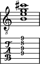  
<<
  %\override Score.BarLine.break-visibility = ##(#f #t #t)
  \time 1/1
    \new Staff  {
    \clef "treble_8"
        \once \override Staff.TimeSignature #'stencil = ##f
        <  b e' g' cis''>1
    }

     \new TabStaff {
       \override Stem #'transparent = ##t
       \override Beam #'transparent = ##t 
      <  b\4 e'\3 g'\2 cis''\1>1
  }
>>
