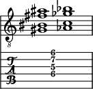  
<<
  %\override Score.BarLine.break-visibility = ##(#f #t #t)
  \time 2/1
    \new Staff  {
    \clef "treble_8"
        \once \override Staff.TimeSignature #'stencil = ##f
        <  gis bis fis' ais'>1 | <  aes c' ges' bes'>1 |
    }

     \new TabStaff {
       \override Stem #'transparent = ##t
       \override Beam #'transparent = ##t 
      s2 <  gis\4 c'\3 fis'\2 ais'\1>1 s2
  }
>>
