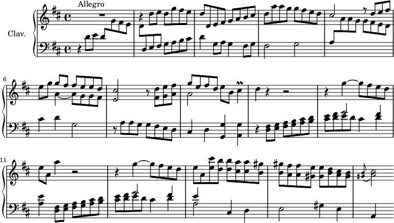 
\version "2.18.2"
\header {
  tagline = ##f
  % composer = "Domenico Scarlatti"
  % opus = "K. 236"
  % meter = "Allegro"
}

%% les petites notes
trillCis        = { \tag #'print { cis4\prall } \tag #'midi { d32 cis d cis~ cis8 } }

upper = \relative c'' {
  \clef treble 
  \key d \major
  \time 4/4
  \tempo 4 = 124
  \set Staff.midiInstrument = #"harpsichord"
  \override TupletBracket.bracket-visibility = ##f

      s8*0^\markup{Allegro}
      R1 | b4\rest d8 e d g fis e | d d, e fis g a b cis |
      % ms. 4
      d a' a g g fis e d | \stemUp cis2 r8 d8 e fis |  \stemNeutral e8 g << { g8 fis fis e e d } \\ { a4~ a8 g g fis } >> | < e cis' >2 r8 < fis d' >8 < g e' > < a fis' >
      % ms. 8
      << { g'8 e fis d } \\ { a2 } >> e'8 b \trillCis | d4 r4 r2 | r4 g4~ g8 fis e d | e a, a'4 | r2 |
      % ms. 12
      r4 g4~ g8 fis e d | e a, < e' cis' >8 < d b' > q < cis a' > q < b gis' > | q < a fis' > q < gis e' > q < b d > < a cis > < gis b > \appoggiatura < gis b >8 < a cis >2
      % ms. 16
      
      % ms. 20
      

}

lower = \relative c' {
  \clef bass
  \key d \major
  \time 4/4
  \set Staff.midiInstrument = #"harpsichord"
  \override TupletBracket.bracket-visibility = ##f

    % ************************************** \appoggiatura a16  \repeat unfold 2 {  } \times 2/3 { }   \omit TupletNumber 
      r4 d8 e d \stemDown \change Staff = "upper"  g fis e | d \stemNeutral \change Staff = "lower" d, e fis g a b cis | d4 g,8 a g4 fis8 g |
      % ms. 4
      fis2 g | a8 \stemDown \change Staff = "upper"  a' a g g fis e d  | \stemNeutral \change Staff = "lower" cis4 d g,2 | r8 a8 a g g fis e d |
      % ms. 8
      cis4 d < g, g' >4 < a g' > | r4 < d fis >8 < e g > < fis a > < g b > < a cis > < b d > | << { s4 g'2 fis4 } \\ { < cis e >8 < d fis > e d cis4 d } >> | < a e' >4  < d, fis >8 < e g > < fis a > < g b > < a cis > < b d > |
      % ms. 12
       << { s4 g'2 fis4 | e } \\ { < cis e >8 < d fis > e d cis4 d | a2 } >> cis,4 d | e2 gis4 e | a,4 s4
      % ms. 16
      
      % ms. 20
      

}

thePianoStaff = \new PianoStaff <<
    \set PianoStaff.instrumentName = #"Clav."
    \new Staff = "upper" \upper
    \new Staff = "lower" \lower
  >>

\score {
  \keepWithTag #'print \thePianoStaff
  \layout {
      #(layout-set-staff-size 17)
    \context {
      \Score
     \override SpacingSpanner.common-shortest-duration = #(ly:make-moment 1/2)
      \remove "Metronome_mark_engraver"
    }
  }
}

\score {
  \keepWithTag #'midi \thePianoStaff
  \midi { }
}
