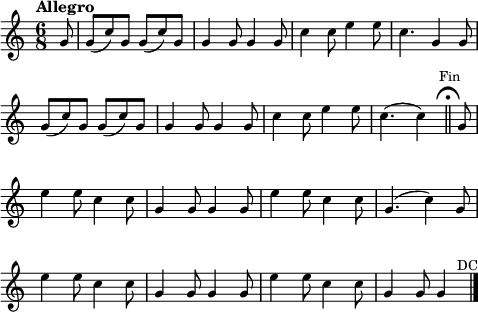 
\language "italiano"
melody = \relative do'' {
  \set Staff.midiInstrument = #"trumpet"
  \set Staff.instrumentName =  \markup \fontsize #-2 #" "
  \tempo \markup "Allegro"
  \time 6/8
  \autoBeamOff
  \key do \major
  \partial 8 sol8 | sol[( do) sol] sol[( do) sol] | sol4 sol8 sol4 sol8 | do4 do8 mi4 mi8 | do4. sol4 sol8 | \break
  sol[( do) sol] sol[( do) sol] | sol4 sol8 sol4 sol8 | do4 do8 mi4 mi8 | do4.( do4)^\markup { \halign #-3 \raise #3 "Fin" } \mark \markup { \musicglyph "scripts.ufermata" } \bar "||"  sol8 | \break
  mi'4 mi8 do4 do8 | sol4 sol8 sol4 sol8 | mi'4 mi8 do4 do8 | sol4.( do4) sol8 | \break
  mi'4 mi8 do4 do8 | sol4 sol8 sol4 sol8 | mi'4 mi8 do4 do8 | sol4 sol8 sol4^\markup { \halign #-3 "DC" } \bar "|."
}
\score {
  <<
    \new Voice = "mel"
    { \melody }
  >>
  \layout {
    indent = 0\cm
    \override Score.BarNumber #'stencil = ##f
    line-width = #120
    \set fontSize = #-1
  }
   \midi {
    \context {
      \Score
      tempoWholesPerMinute = #(ly:make-moment 120 4)
    }
  }

}
\header { tagline = ##f}
