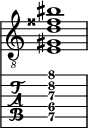  
<<
  %\override Score.BarLine.break-visibility = ##(#f #t #t)
  \time 1/1
    \new Staff  {
    \clef "treble_8"
        \once \override Staff.TimeSignature #'stencil = ##f
        < e gis d' fisis' bis'>1
    }

     \new TabStaff {
       \override Stem #'transparent = ##t
       \override Beam #'transparent = ##t 
      < e\5 gis\4 d'\3 g'\2 c''\1>1
  }
>>
