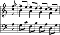 { \override Score.TimeSignature #'stencil = ##f \partial 8 << \relative f'' << { f8 ~ f[ e] ~ e[ d] ~ d[ c] ~ c[ b] } \\ { c8 b4 a g f } >>
\new Staff { \clef bass \relative a { a8 g[ c] f,[ b] e,[ a] d,[ g] } } >> }