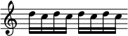 { 
  \override Score.TimeSignature #'stencil = ##f 
  \cadenzaOn 
  \relative c'' { 
    d16[ c d c] d[ c d c]
  } 
}