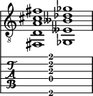  
<<
  %\override Score.BarLine.break-visibility = ##(#f #t #t)
  \time 2/1
    \new Staff  {
    \clef "treble_8"
        \once \override Staff.TimeSignature #'stencil = ##f
        <fis,  d a cis' fis'>1 | <ges,  eeses beses des' ges'>1 |
    }

     \new TabStaff {
       \override Stem #'transparent = ##t
       \override Beam #'transparent = ##t 
      s2 <fis,\6  d\4 a\3 cis'\2 fis'\1>1 s2
  }
>>
