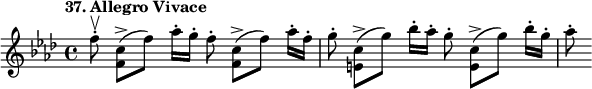 
%etude37
\relative f'
{
\time 4/4 
\tempo "37. Allegro Vivace"
\key f \minor
f'8-. \upbow <c f,>-> [(f)] aes16-. g-. f8-. <c f,>-> [(f)] aes16-. f-. g8-. <c, e,>-> [(g')] bes16-. aes-. g8-. <c, e,>-> [(g')] bes16-. g-. aes8-.
}
