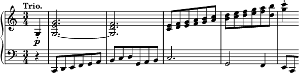 
\relative c' {
 \new PianoStaff <<
  \new Staff {
   \key c \major \time 3/4 \set Score.tempoHideNote = ##t \tempo "Trio." 4=174 \partial 4
   g4-.\p <g' e g,>2.~ <f d g,> <e c>8 <f d> <g e> <a f> <b g> <c a>
   <d b> <e c> <f d> <g e> <a f> <b d,> <c g>4-.
  }
  \new Staff { \key c \major \time 3/4 \clef bass
   r4 c,,,,8 d e f g a b c d g, a b c2. g2 f4 e8[ \set stemRightBeamCount = 1 c]
  }
 >>
}
