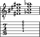  
<<
  %\override Score.BarLine.break-visibility = ##(#f #t #t)
  \time 2/1
    \new Staff  {
    \clef "treble_8"
        \once \override Staff.TimeSignature #'stencil = ##f
        <  fis bis eis' ais'>1 | <  ges c' f' bes'>1 |
    }

     \new TabStaff {
       \override Stem #'transparent = ##t
       \override Beam #'transparent = ##t 
      s2 <  fis\4 c'\3 f'\2 ais'\1>1 s2
  }
>>
