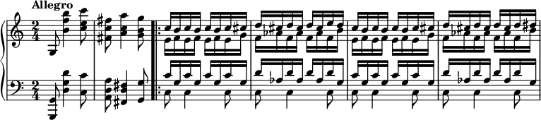 \new PianoStaff <<
\new Staff \relative c' {\time 2/4 \tempo "Allegro" g8 <b' f' b>4 <c e c'>8 <fis, c' fis>8 <a c a'>4 <g b g'>8 \bar ".|:" <<\relative c''{c16 b c b c b c cis d cis d cis d cis e d c16 b c b c b c cis d cis d cis d cis d dis} \\ \relative c'{e f e f e f e g f as f as f as f b e, f e f e f e g f as f as f as f b}>>}
\new Staff \relative c {\clef bass <g g,>8 <d' g d'>4 <c c'>8 <a d a'> <fis d'fis>4 <g g'>8 <<\relative c' {c16 g c g c g c g d' as d as d as d g, c g c g c g c g d' as d as d as d g,} \\ \relative c {c8 c4 c8 c c4 c8 c c4 c8 c c4 c8}>> }>>
