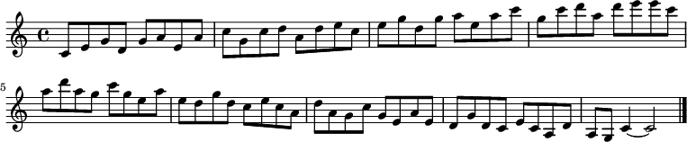 
{

\modalTranspose c c' { c d e g a } { c8 e g } 
\modalTranspose c d' { c d e g a } { c e g } 
\modalTranspose c e' { c d e g a } { c e g } 
\modalTranspose c g' { c d e g a } { c e g } 
\modalTranspose c a' { c d e g a } { c e g } 
\modalTranspose c c'' { c d e g a } { c e g } 
\modalTranspose c d'' { c d e g a } { c e g } 
\modalTranspose c e'' { c d e g a } { c e g } 
\modalTranspose c g'' { c d e g a } { c e g } 
\modalTranspose c a'' { c d e g a } { c e g } 

\modalInversion c e''' { c d e g a } { c e g } 
\modalInversion c d''' { c d e g a } { c e g } 
\modalInversion c c''' { c d e g a } { c e g } 
\modalInversion c a'' { c d e g a } { c e g } 
\modalInversion c g'' { c d e g a } { c e g } 
\modalInversion c e'' { c d e g a } { c e g } 
\modalInversion c d'' { c d e g a } { c e g } 
\modalInversion c c'' { c d e g a } { c e g } 
\modalInversion c a' { c d e g a } { c e g } 
\modalInversion c g' { c d e g a } { c e g } 
\modalInversion c e' { c d e g a } { c e g } 
\modalInversion c d' { c d e g a } { c e g } 

c'4~ c'2

\bar "|."
}
