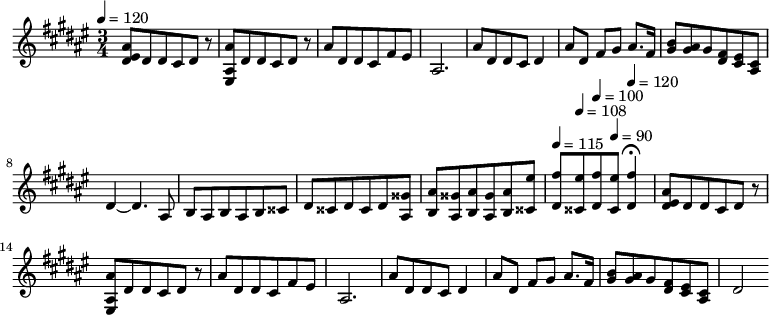 
\transpose c fis{
\relative c' {
\key c \major
\time 3/4
\tempo 4 = 120
<e b a>8 a, a g a r <e b e'> a a g a r e' a, a g c b e,2.
e'8 a, a g a4 e'8 a, c d e8. c16 <d f>8 <d e> d <c a> <b g> <g e> a4~ a4. e8
f e f e f gis a gis a gis a <e dis'> <f e'> <e dis'> <f e'> <e dis'> <f e'>
<gis b'> \tempo 4 = 115 <a c'> \tempo 4 = 108 <gis b'> \tempo 4 = 100 <a c'> \tempo 4 = 90 <gis b'>
\tempo 4 = 120 <a c'>4\fermata
<e' b a>8 a, a g a r <e b e'> a a g a r e' a, a g c b e,2.
e'8 a, a g a4 e'8 a, c d e8. c16 <d f>8 <d e> d <c a> <b g> <g e> a2
}
}
