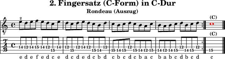 
\version "2.20.0"
\header {
  title="2. Fingersatz (C-Form) in C-Dur"
  subtitle="Rondeau (Auszug)"
}
%% Diskant- bzw. Melodiesaiten
Diskant = \relative c' {
  \set TabStaff.minimumFret = #12
  \set TabStaff.restrainOpenStrings = ##t
  \key c \major
  \repeat volta 2 {
    e8-2 d e f e d c e
    d c d e d c b d
    c b c d c b a c
    b a b c d b c d
  }
  \once \override NoteHead #'color = #red c1^\markup { \bold {(C)} }
  \bar "|."
 }

%% Layout- bzw. Bildausgabe
\score {
  <<
    \new Voice  { 
      \clef "treble_8" 
      \time 4/4  
      \tempo 4 = 120 
      \set Score.tempoHideNote = ##t
      \Diskant \addlyrics {
        e8 d e f e d c e
        d c d e d c b d
        c b c d c b a c
        b a b c d b c d
       c
      } 
    }
    \new TabStaff { \tabFullNotation \Diskant }
  >>
  \layout {}
}

%% Midiausgabe mit Wiederholungen, ohne Akkorde
\score {
  <<
    \unfoldRepeats {
      \new Staff  <<
        \tempo 4 = 120
        \time 4/4
        \set Staff.midiInstrument = #"acoustic guitar (nylon)"
        \clef "G_8"
        \Diskant
      >>
    }
  >>
  \midi {}
}
%% unterdrückt im raw="!"-Modus das DinA4-Format.
\paper {
  indent=0\mm
  %% DinA4 = 210mm - 10mm Rand - 20mm Lochrand = 180mm
  line-width=180\mm
  oddFooterMarkup=##f
  oddHeaderMarkup=##f
  % bookTitleMarkup=##f
  scoreTitleMarkup=##f
}
